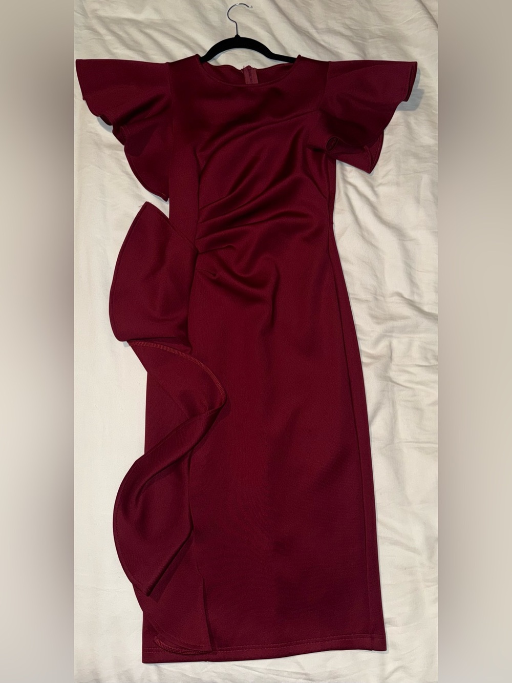 Asymmetrical Burgundy Ruffle-Detail Sheath Dress